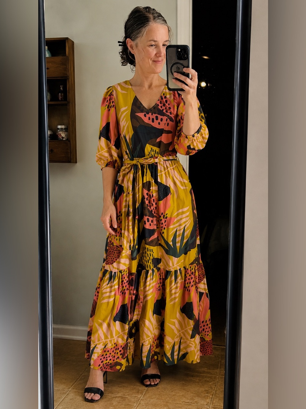 Anthropologie V-Neck Tiered Maxi Dress in Mustard Botanical Print